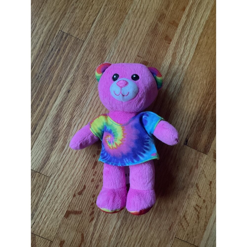 Build-A-Bear Workshop Pink Tie-Dye Plush Teddy Bear With Rainbow Ears & Shirt 8"